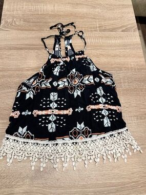 Black Printed Halter Camisole with Cream Crochet Fringe